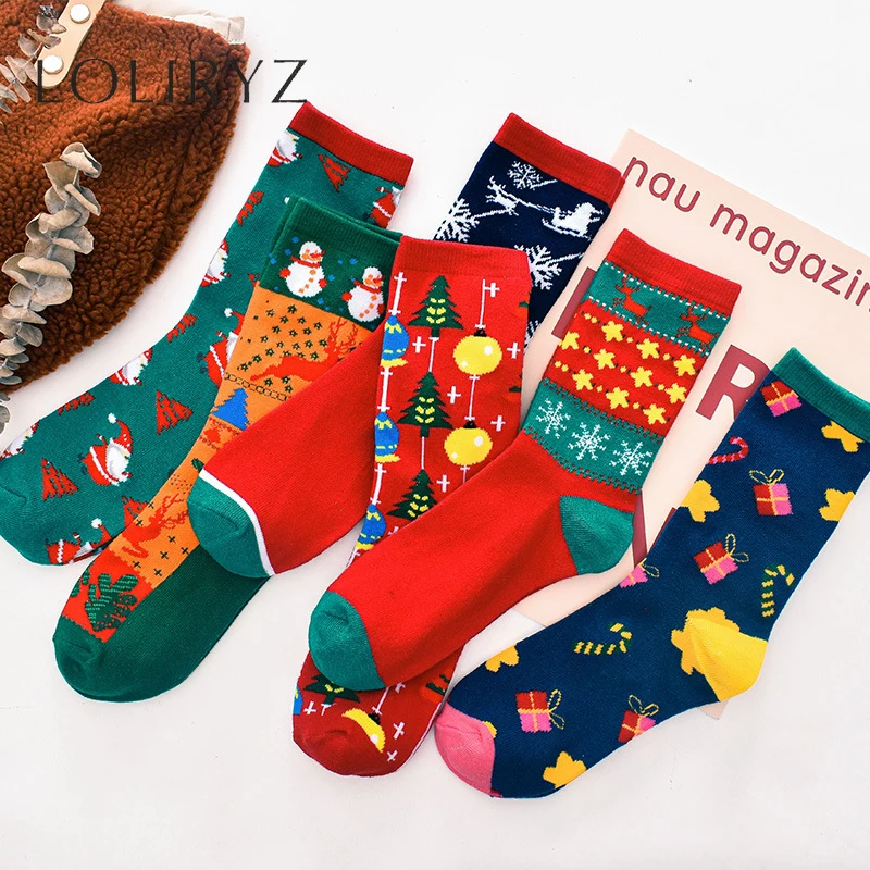 Хлопковые рождественские носки с изображением Санта-Клауса, рождественской елки, с изображением снежного лося, подарочные носки для нового года, осенне-зимние носки, 1 пара