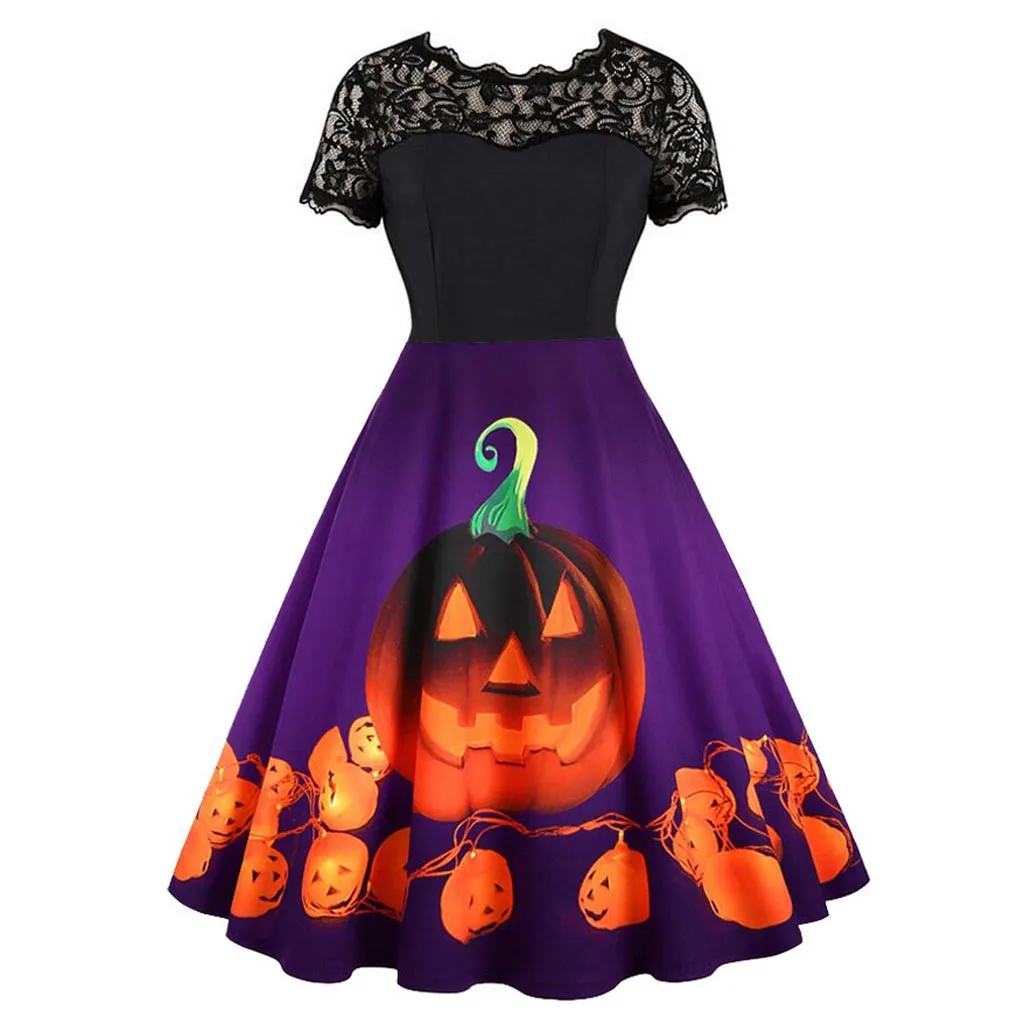 Halloween Style Elegant Dress Women Vintage Lase Short Sleeve Halloween sukienki 50s Housewife Evening Party Dress Robe#C9