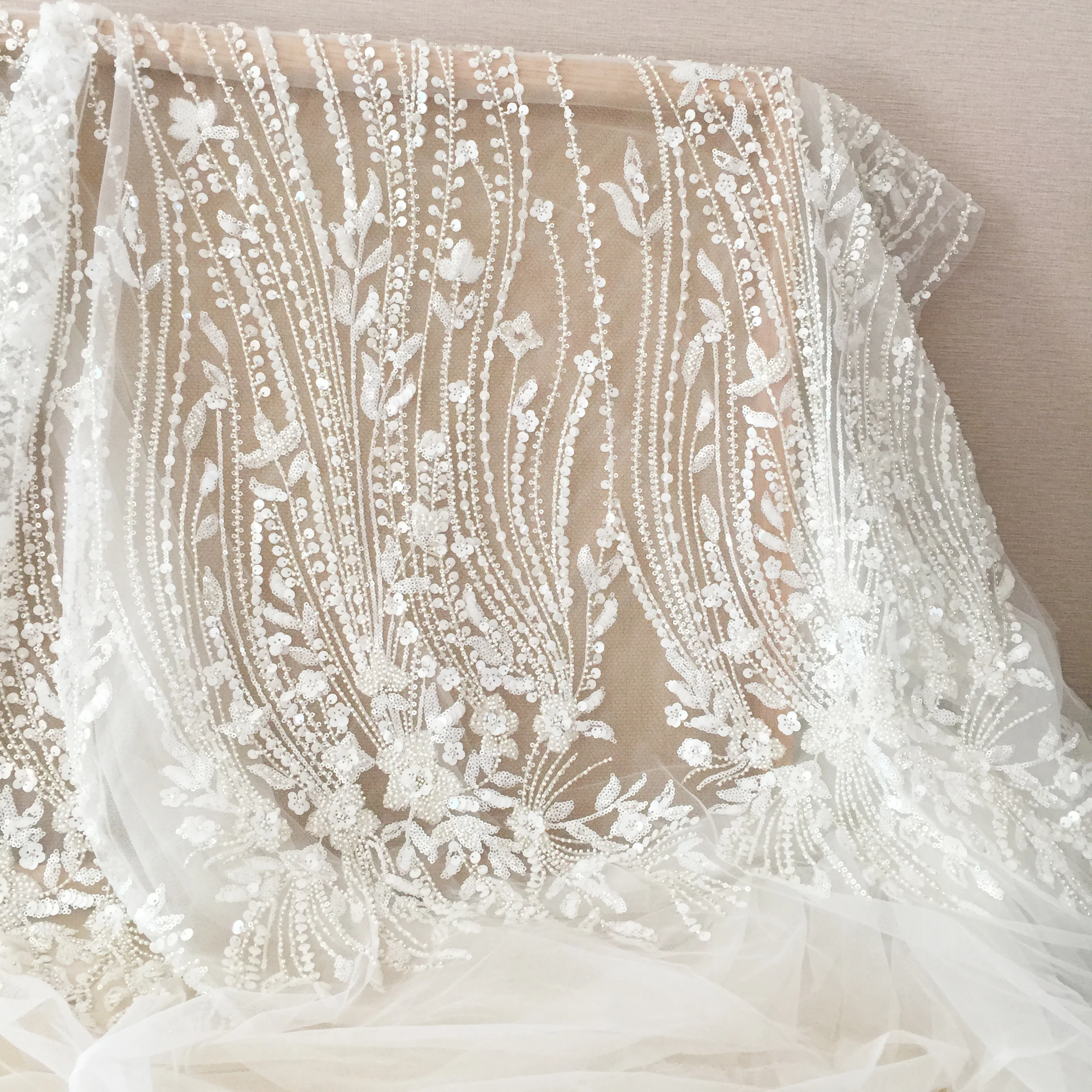 

1 Yard 3D Ivory Beaded Geometric Stripe Haute Couture Tulle Lace Fabric ,Wedding Dress Bridal Gown Evening Clothes DIY