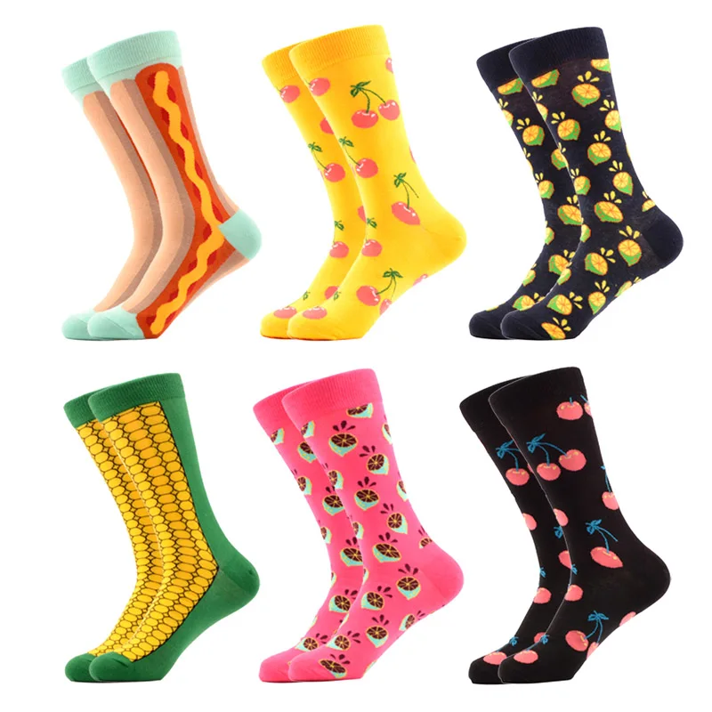 SANZETTI/6 пар/лот, повседневные носки, мужские яркие носки из чесаного хлопка с фруктовым узором, удобные носки для вечеринки, подарок на день рождения - Цвет: 06650