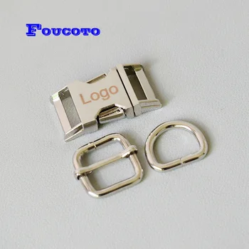 

100 sets engrave logo 15mm Metal hardware buckle D ring belt buckles adjuster for paracord dog cat collar DIY sewing accessories