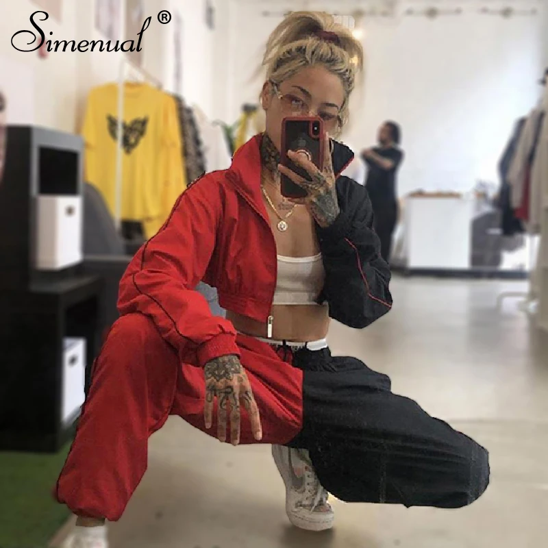 

Simenual Sporty Casual Women Tracksuits Patchwork Fashion 2019 Workout 2 Piece Sets Long Sleeve Color Blocking Top And Pants Set