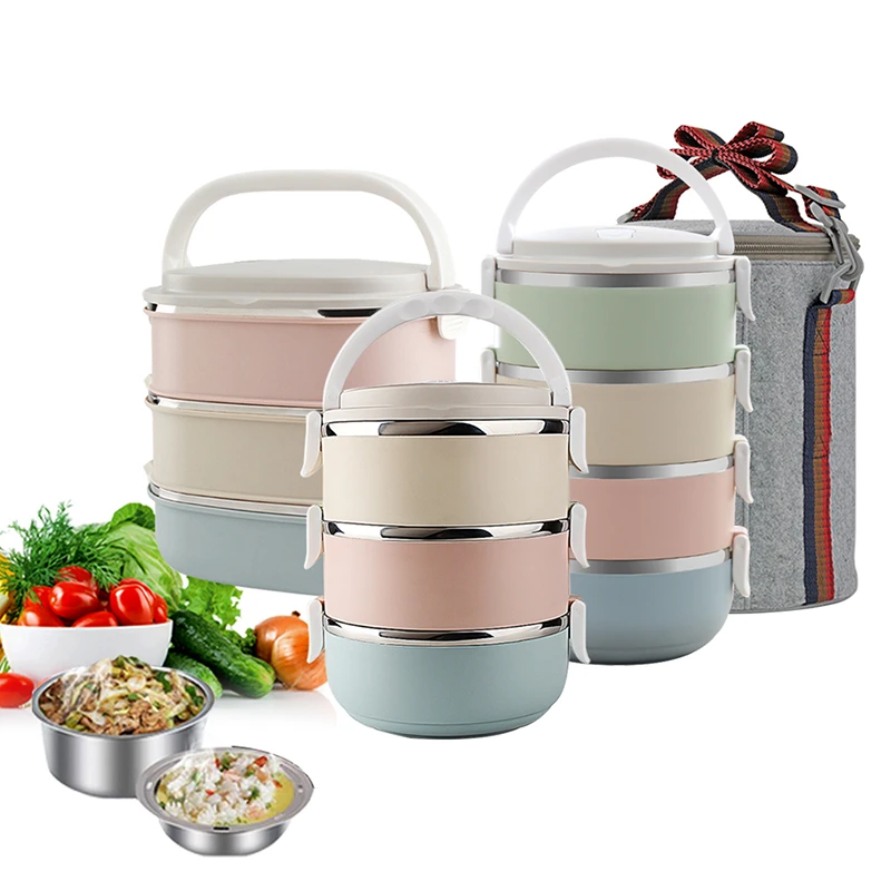 Stainless Thermo Insulated Thermal Food Container Bento Round Lunch Box 1-4Layer