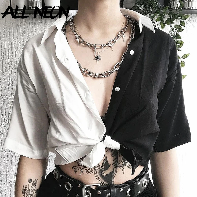 

ALLNeon Punk Single-breasted Cropped Blouse for Women Patchwork Turn-down Collar Short Sleeve Shirts Vintage Summer E-girl Tops