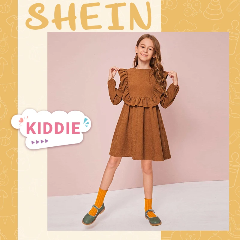 SHEIN Kiddie/коричневое однотонное милое вельветовое платье с оборками для девочек; детское весеннее расклешенное короткое платье трапециевидной формы с рукавами «Бишоп»