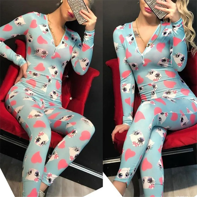 Sexy Onesies For Adults Women V-Neck Button Bodycon Bodysuit Fashion Printed Long Sleeve and Trousers Jumpsuit Romper Pajamas