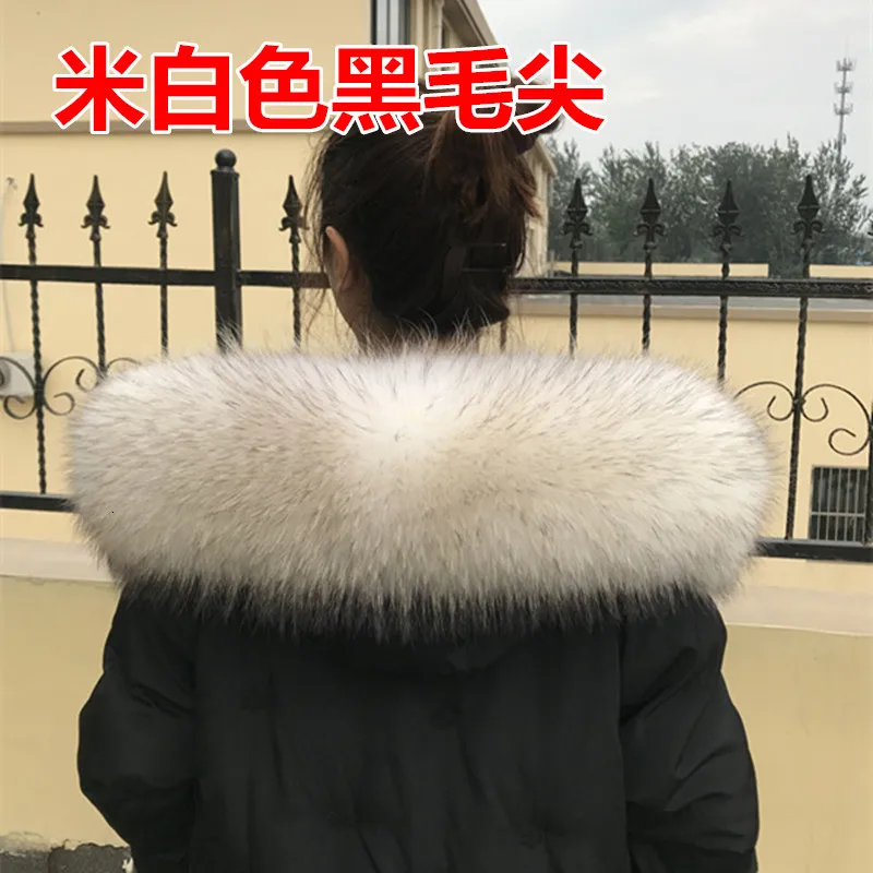 Beige black tip Зимнее новое пальто с воротником из натурального меха енота, модная теплая шаль большого размера, Воротник из лисьего меха, женский длинный роскошный брендовый шарф для женщин - Цвет: Beige black tip