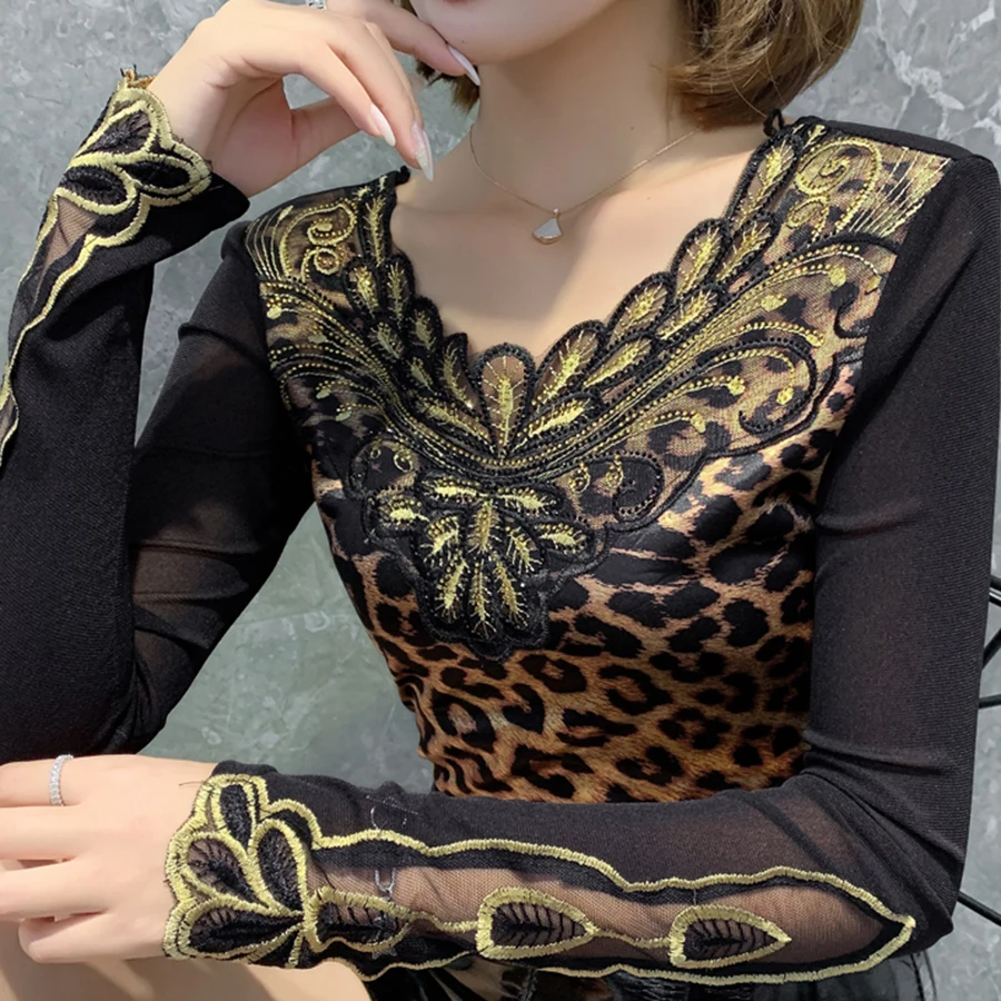 Poleras mujer de moda, модная леопардовая футболка с длинным рукавом, рубашка с v-образным вырезом, горячая Распродажа, футболка размера плюс, топы, camiseta mujer