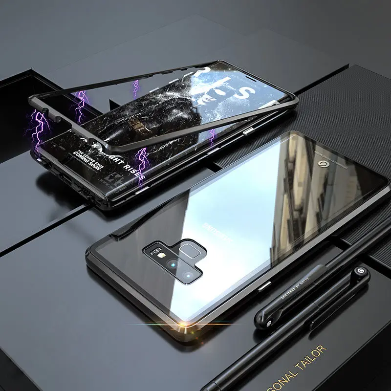 Прозрачный Магнитный защитный чехол для samsung Galaxy Note 9 8, магнитный бампер для телефона, рамка со стеклянной крышкой, чехол для samsung Note 9 8 - Цвет: Full Black