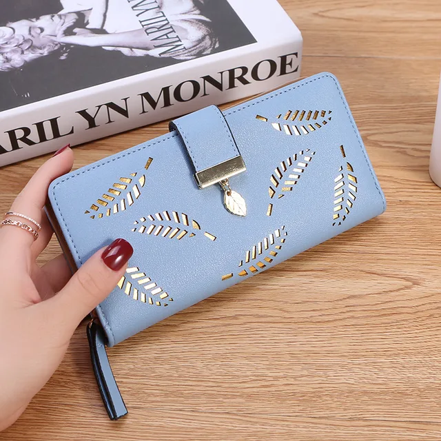 Women's Hollow Golden Leaf Buckle Wallet Female Long Zipper Coin Purses Ladies Multifunction Card Holder Clutch Money Bag Blue