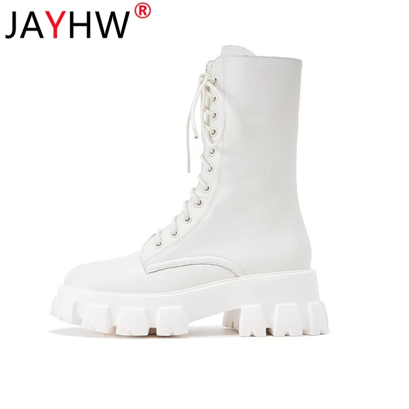 JAYHW Martin Boots Women Shoes Autumn Artificial Leather Round Toe Cross Lace-up Mid-calf Goth Boots Platform Botas Woman Mujer