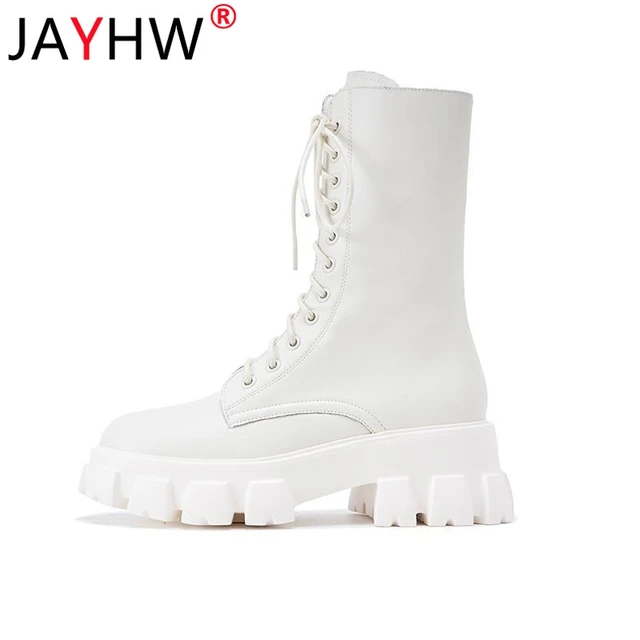 JAYHW Martin Boots Women Shoes Autumn Artificial Leather Round Toe Cross Lace-up Mid-calf Goth Boots Platform Botas Woman Mujer white