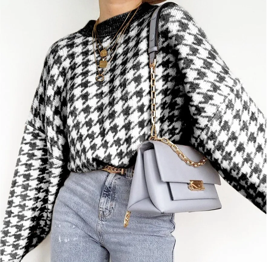 

Women Retro Khaki Knitted Sweater Casual Houndstooth Pullover Sweater 2020 Female Geometric Autumn Winter Jumpers Top Clothing
