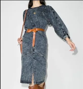 

2020 New Style In Autumn and Winter Crew Neck Front Split Bishop Sleeve Simple Temperament Washed Denim Dress I1