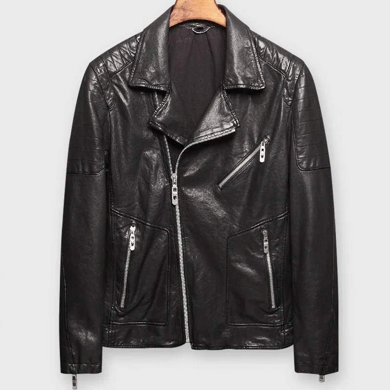 

Quality High Mens Genuine Leather Sheepskin Jackets Motorcycle Fashion Long Sleeve Zippers Lapel Slim Fit Male Outerwear Coats