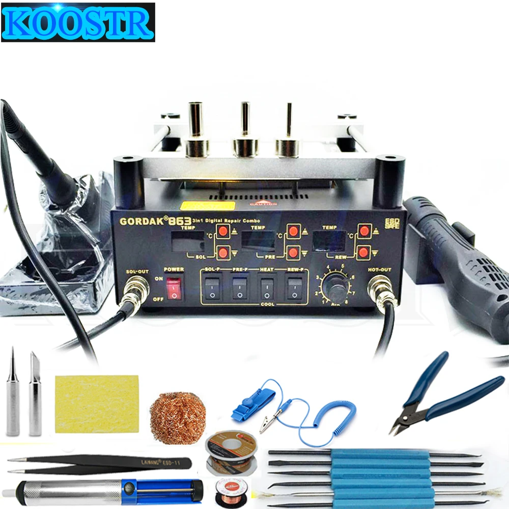 

Hot Air Heat Gun GORDAK 863 3 in 1 BGA Rework Solder Station + Electric Soldering Iron + IR Infrared Preheating Station