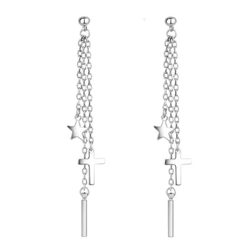 

925 Sterling Silver Tassel Star Cross Drop Earring for Women Girls Jewelry Brincos Female pendientes eh1434