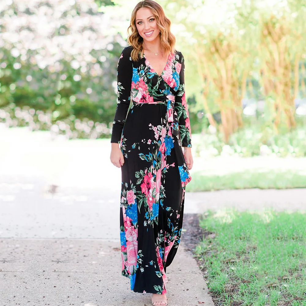 

Vintage Dresses Women Printed Fashion V-neck Long Sleeve Dress Beach Style Print Sexy Clothes Long Sleeve Elegant XL