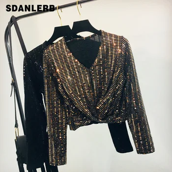 

Gorgeous Gold Glitter Cross Tshirt Women Fashionable Bling Bling Spring Autumn V Neck Sequins T-shirt Sexy Night Club Crop Top