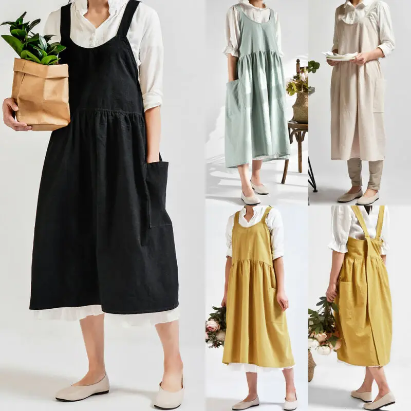 1PC Autumn Female Women Bib Apron Cotton Linen Pinafore Dress Cafe Kitchen Cooking Florist Vintage