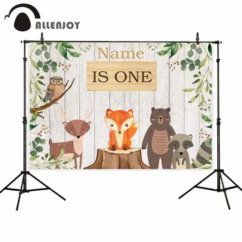 

Allenjoy 1st Birthday Banner Woodland Floor Leaves Cartoon Fox Deer Bear Owl Squirrel Backdrops Wild One Party Background Cloth