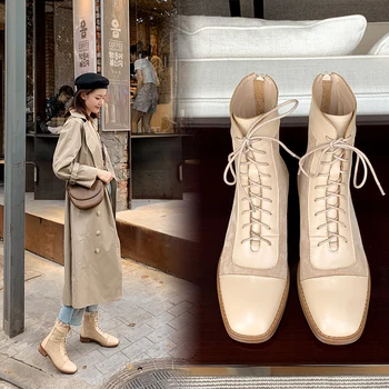 

Spring/Autumn 2020 new ladies leather single shoes square head lace-up with Martin boots fashion wild thick root boots X057