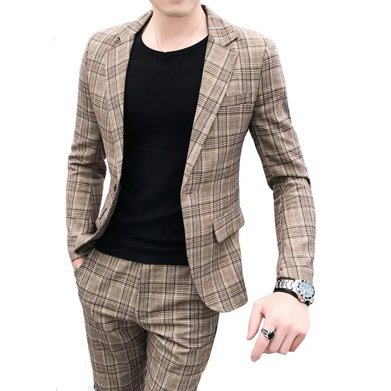 

Men's British style slim blazer suit set two-piece jacket with pants high-end handsome men's gentleman suit 2019
