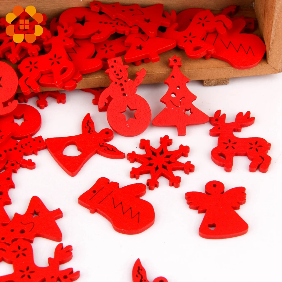 

50PCS/lot Multi Colorful Christmas Series Wood Chip Pendant Christmas Tree Decorations Star Heart Snowflake XMAS Ornaments Decor