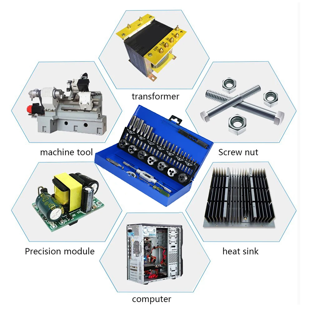 Ручной набор инструментов для нарезания резьбы 32 шт. HSS кран и штамповочный набор метрический гаечный ключ M3-M12 кран и штамповочный набор