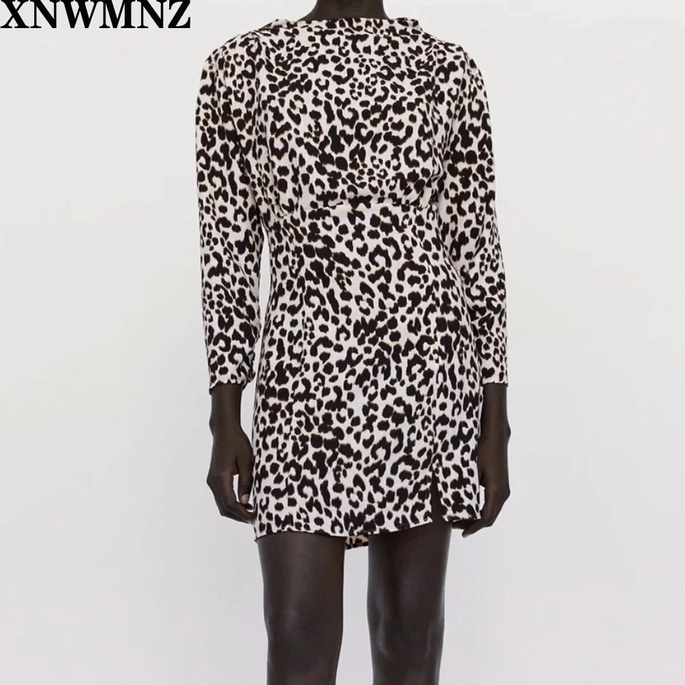 

XNWMNZ Za women animal print mini dress female Ladies high neck long sleeves shoulder pads Sexy vintage chic dresses