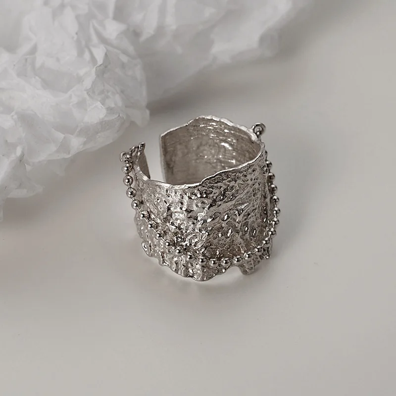 

Real 925 Sterling Silver Open Rings For Women Vintage Distressed Chain Rings Tin Foil Texture Design Jewelry Index Finger Rings