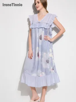 

Summer Sweet Lace V-neck Princess Nightgowns For Women Sleeveless Tencel Print Sleepwear Night Dress Girls Home Dress Nightdress