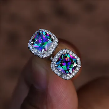 

Mystic Rainbow Zircon Square Stone Screw Back Earrings For Women Wedding Jewelry Vintage Fashion Multicolor Opal Stud Earrings