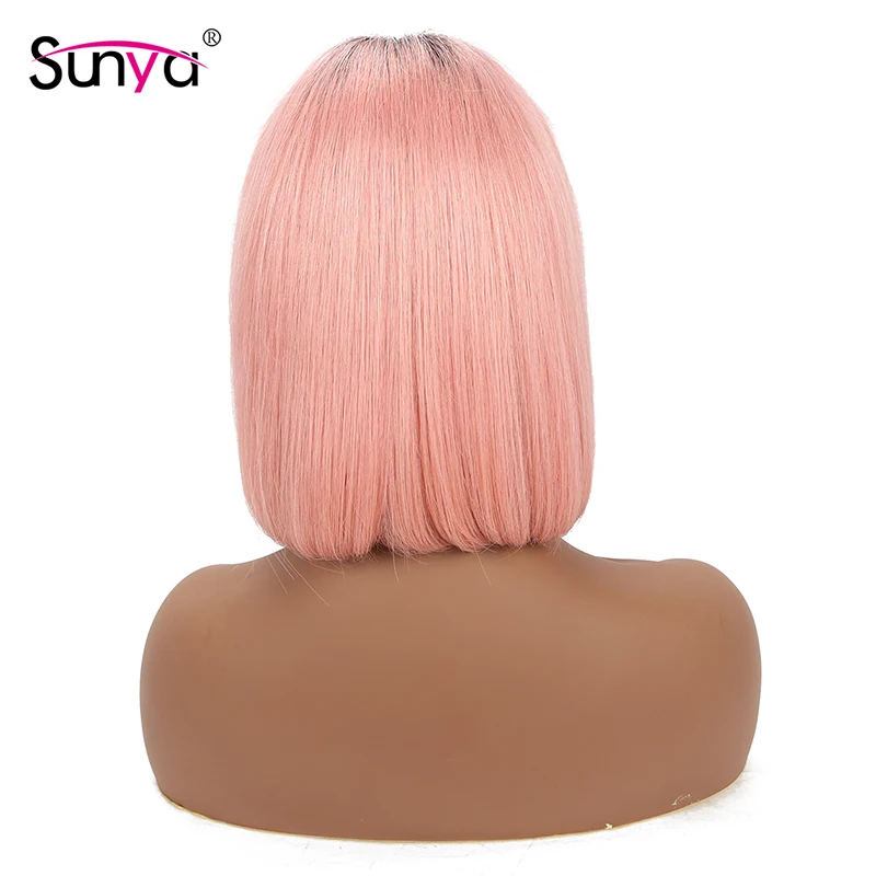 Sunya 1B/розового цвета с короткими Боба парик с эффектом деграде(переход от темного к Brazilain прямые Синтетические волосы на кружеве человеческих волос парики для чернокожих Для женщин 13X4 боб парики шнурка