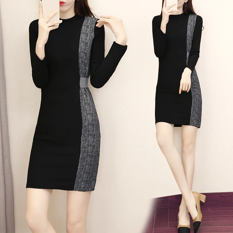 

Elegant Sheath Knitted Dress Women 2020 Autumn Winter Patchwork O-neck Female Sweater Midi Dress Vestidos vs503