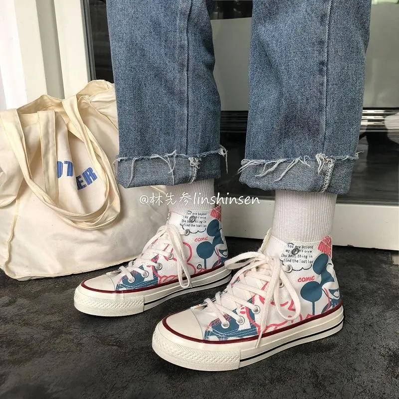 

Hight-top Canvas Shoes Student Korean-style 2019 Autumn New Style Flat Graffiti Shoes Versatile in