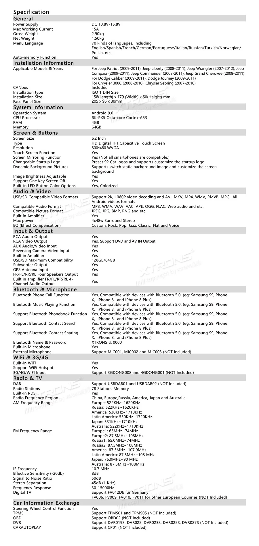 Sale XTRONS 6.2"Android 9.0 Octa Core 4GB RAM 64GB ROM Car DVD Player Multimedia GPS System TPMS SWC for JEEP for DODGE for Chrysler 30