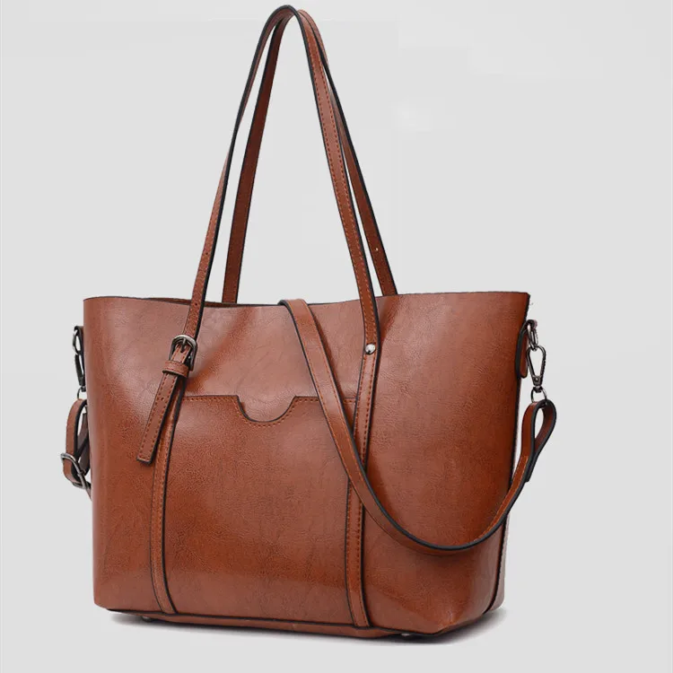 

New Style Europe And America Retro Fashion Solid Color Large-Volume PU Handbags Shoulder Tote Bag