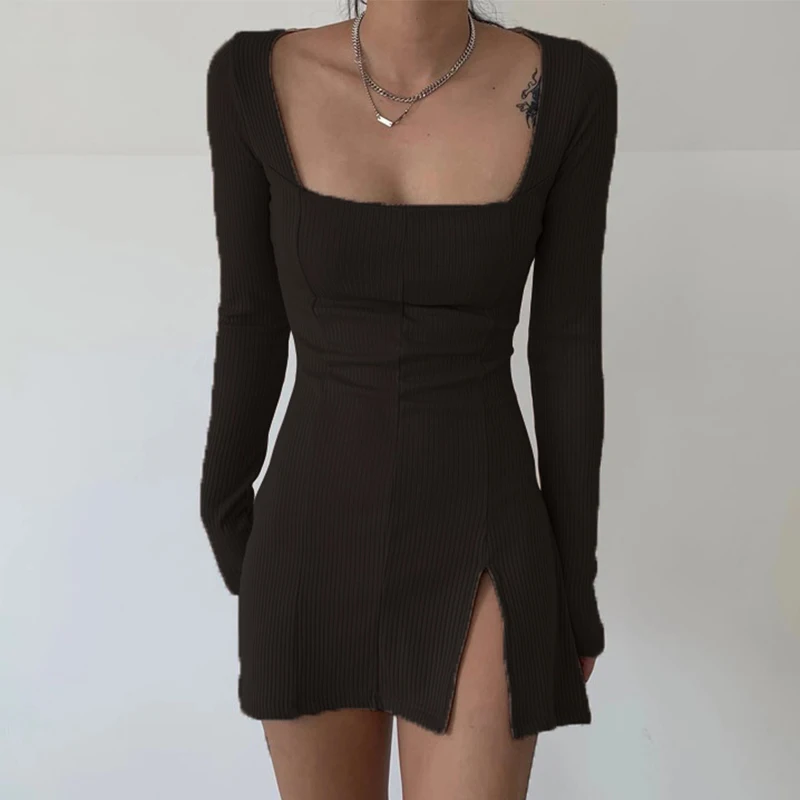 Darlingaga Elegant Square Neck Ribbed Black Dress Female Knitted Side Split Bodycon Dress Long Sleeve Fashion Mini Dresses Basic homecoming dresses 2021