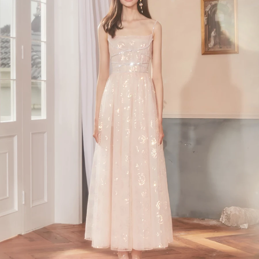 

2019 Design Autumn Long Style Elegant Dress Women Crystal Drawstring Rose Sequin Personality Dress Spaghetti Strap Sexy Dress