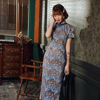 

Long High Split Cheongsam Mandarin Collar Evening Party Dress Sexy Oversize 3XL Vestidso Short Sleeve Blue Black Lace Qipao