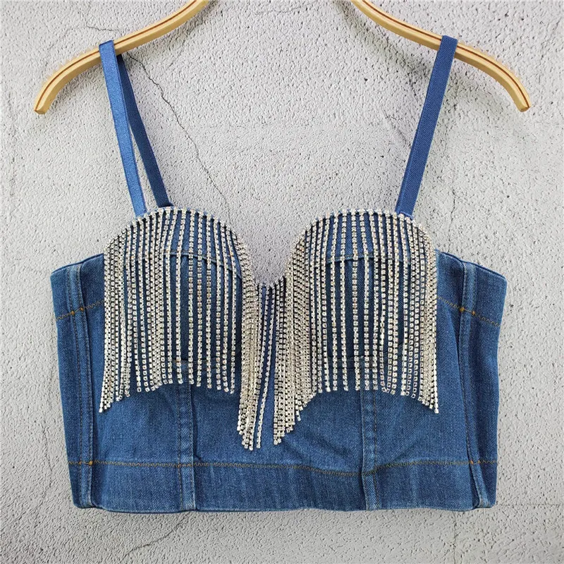 2020 New Women Denim Caims Bustier Bra Cropped Top Sexy Vest Diamond Push Up Crop Top Tank Women Clothes Adjustable