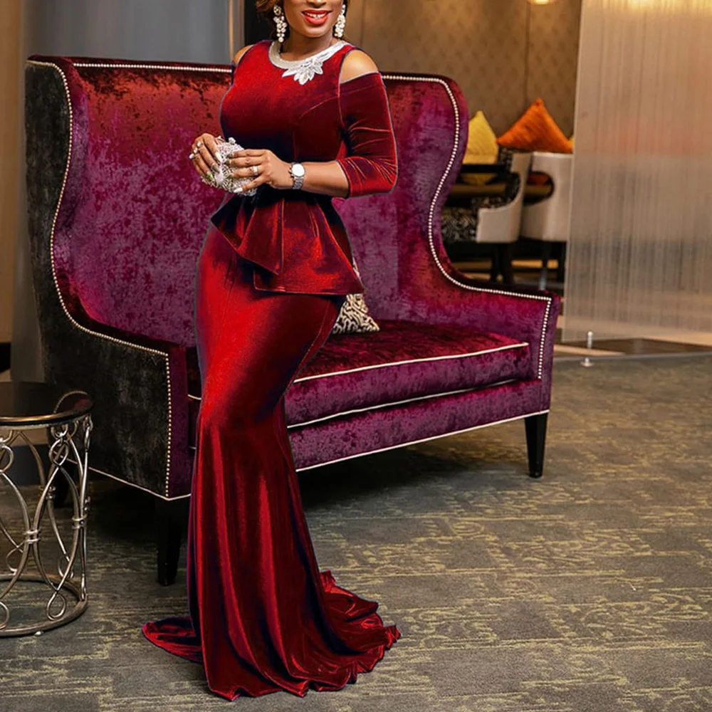 Abito lungo a sirena retrò in velluto rosso da donna Plus Size cena da sera  elegante da donna aderente peplo volant abito da festa Vintage  Maxi|Dresses| - AliExpress