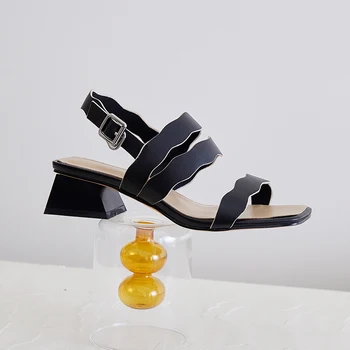 

Square Heels Rome Women Sandals White Genuine Leather Buckle Summer Party Office Shoes Woman