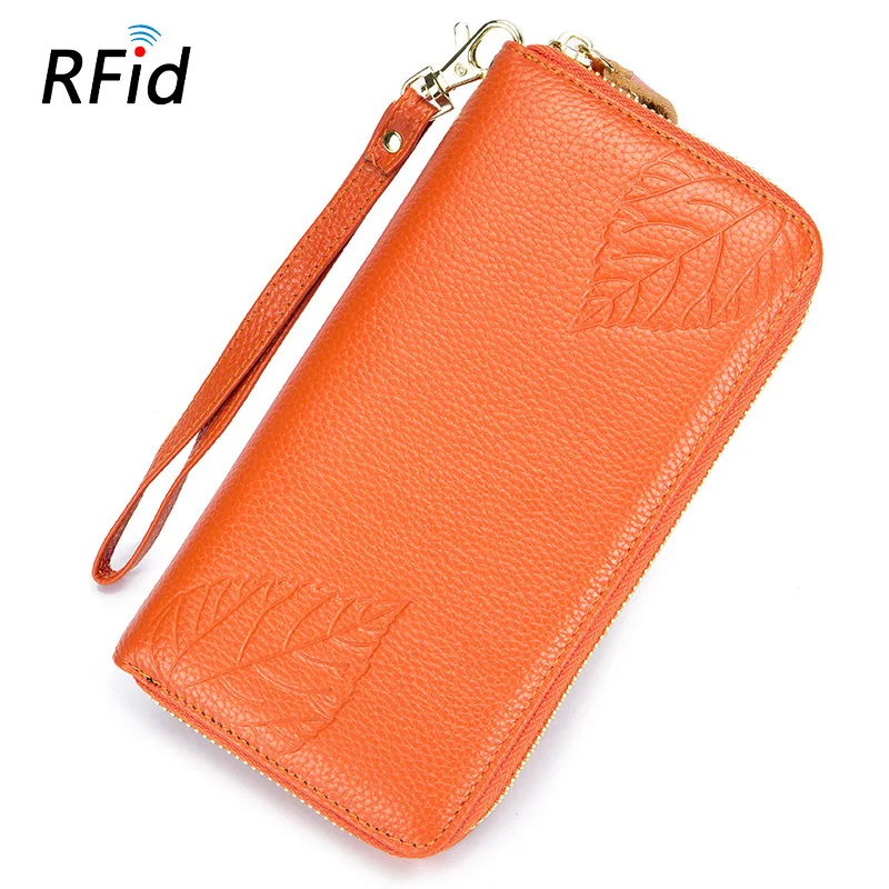 Кошелек на молнии длинный женский Rfid женский из натуральной кожи тисненые листья большой емкости Многофункциональный клатч из натуральной кожи - Цвет: Оранжевый