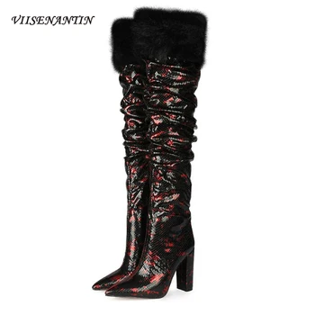 

Autumn and Winter New Foreign Trade Thick High Heels Wool Long Tube Over The Knee Winter Boots Velvet Pointed Toe Warm Shoes