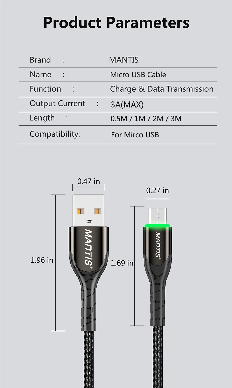 MANTIS 3m 2m 1m Micro Usb кабель для samsung Galaxy s7 j7 j5 светодиодный кабель для синхронизации данных USB 3A провод для быстрой зарядки Xiaomi Redmi 4X Note 5