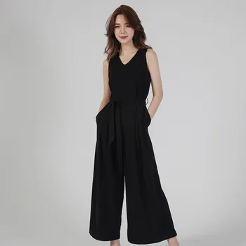 

2019 Women Summer Long Jumpsuit Casual Solid Sleeveless Belted Office Lady Rompers Wide Legs Trousers Pants Streewear Playsuits
