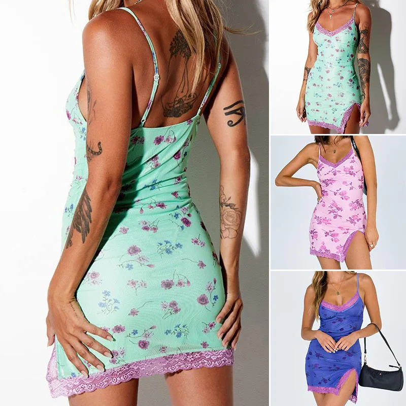 2020 New Lace Tight Tight Split Sexy Backless V-neck Mesh Strap Dress Boho Sundress Ladies Summer Slim Dress Clothing сарафан