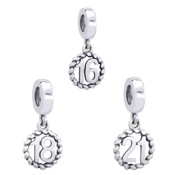 

Genuine 100% 925 Silver Charm Vintage Sweet 16 18 21 Birthday Pendant Bracelet Beads DIY Jewelry Gift